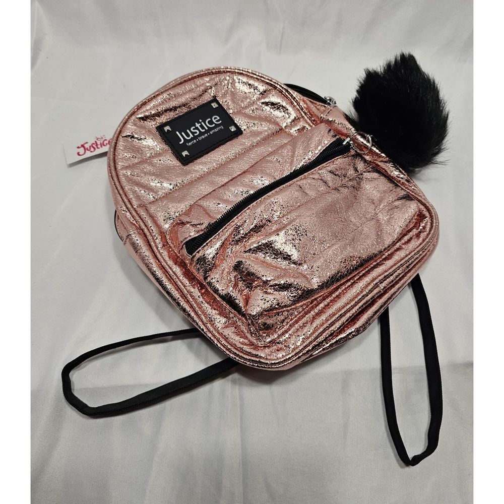 NWT JUSTICE Metallic Pink Mini Backpack with Black Pompom
